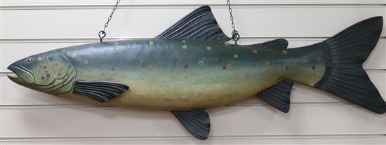 A fishmongers advertisement sign in the shape of a trout length 115cm approx.